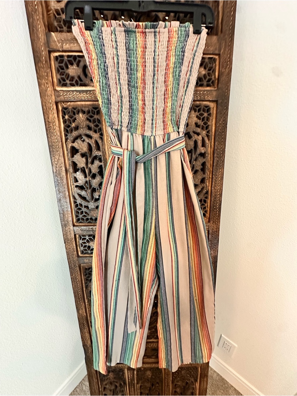 Striped Multi-Color Smocked Jumpsuit with Tie Waist